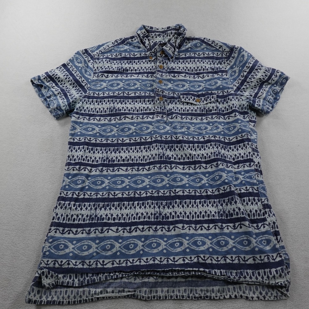 J Crew Polo Shirt Mens Medium Blue Tribal Islander Print Pocket Lightweight
